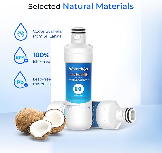 Waterdrop Alkaline LT1000PC ADQ747935 Replacement for LG® LT1000P®/PC/PCS ThinQ® Refrigerator Water Filter, LFXS26973S, LMXS28626S, LMWS27626S, LFXS28596S, LFXS26596S, Enhance PH, 2 Filters