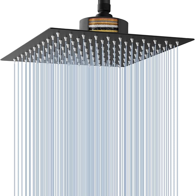 Voolan Rain Shower Head with Filtered - High Flow Large Rainfall Shower Heads Made of Stainless Steel - Waterfall Showerhead Filter For Hard Water(10" Matte Black)