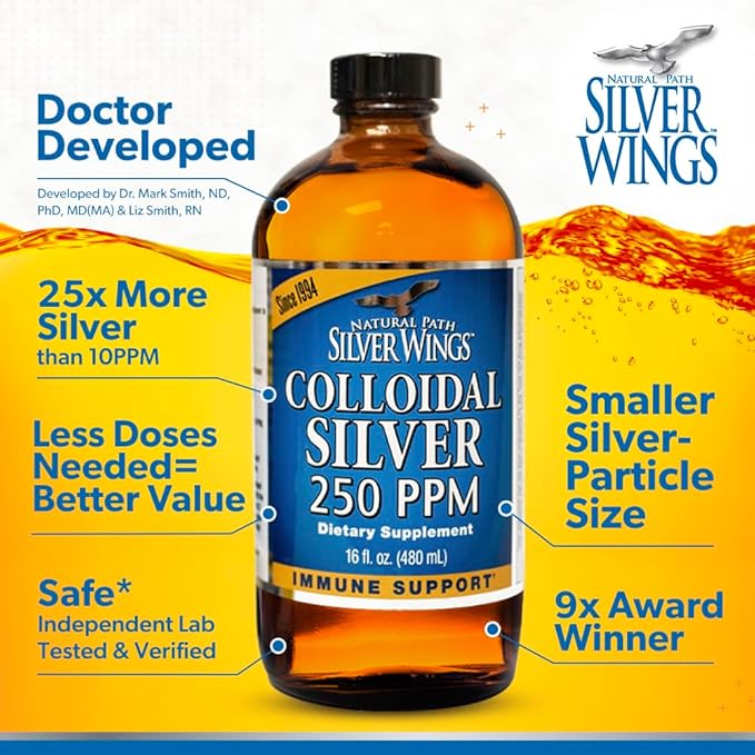 Natural Path Silver Wings Colloidal Silver Liquid - Enhanced Immune Support Supplement - 250ppm (1250mcg) - 1oz Dropper