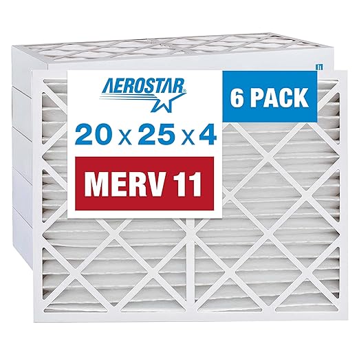 Aerostar 20x25x4 MERV 11 - 6 Count - Pleated HVAC, Furnace & Air Conditioner Filters - Removes Dust, Cold & Flu Germs, Lint, Mold, Pet Dander, Allergy-Causing Pollen, Smog & Smoke