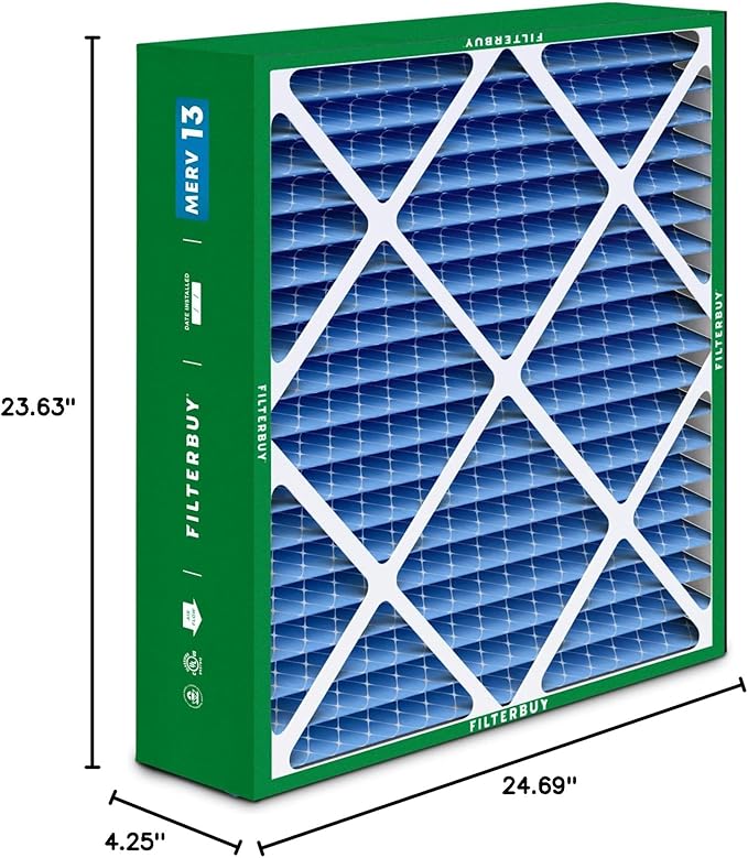 Filterbuy 24x25x5 Air Filter MERV 13 Optimal Defense (2-Pack), Pleated HVAC AC Furnace Air Filters Replacement for Carrier FILXXCAR0024, Maytag, and More (Actual Size: 23.63 x 24.69 x 4.25 Inches)