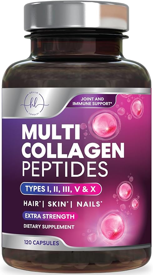 Multi Collagen Peptides Supplement - Hydrolyzed Types I, II, III, V & X Multi Collagen Pills, Hydrolyzed Collagen Peptides Supplements, Hair, Skin, Nail, and Joint Support Supplement, 120 Capsules