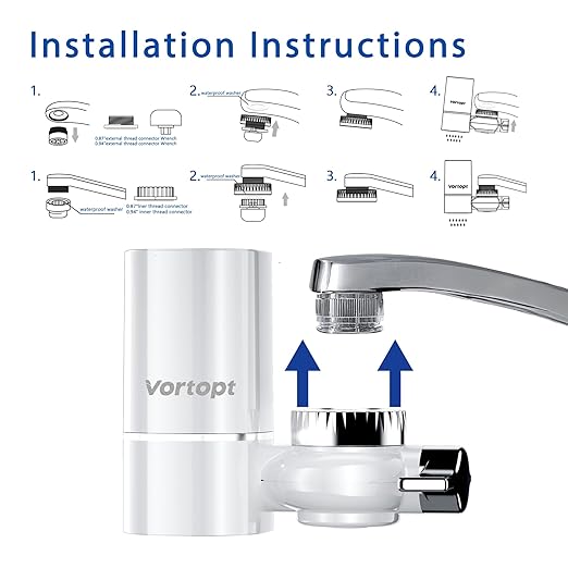 Advanced Sink Faucet Filter, NSF Certified Faucet Installation System, 400 Gallon Capacity, Can Reduce 99% Chlorine and Odors, with 1 Water Filter（T1-White）