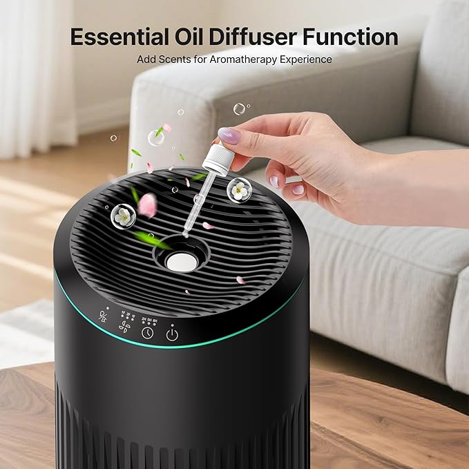Air Purifiers for Bedroom Home, Air Purifier for Smoke Odors with Fragrance Sponge, Small Air Purifier with Sleep Mode for Bedroom Office, Blue Night Light, Black, 1 Pack+3 Modes