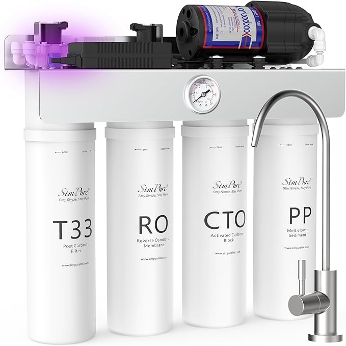 SimPure T1-400UV Tankless Reverse Osmosis System with UV, NSF/ANSI 58 Certified, Under Sink RO Water Filter System 400 GPD, 8 Stage Filtration Near 0 TDS, Built-in Pump, BPA Free, 1.5:1 Pure to Drain