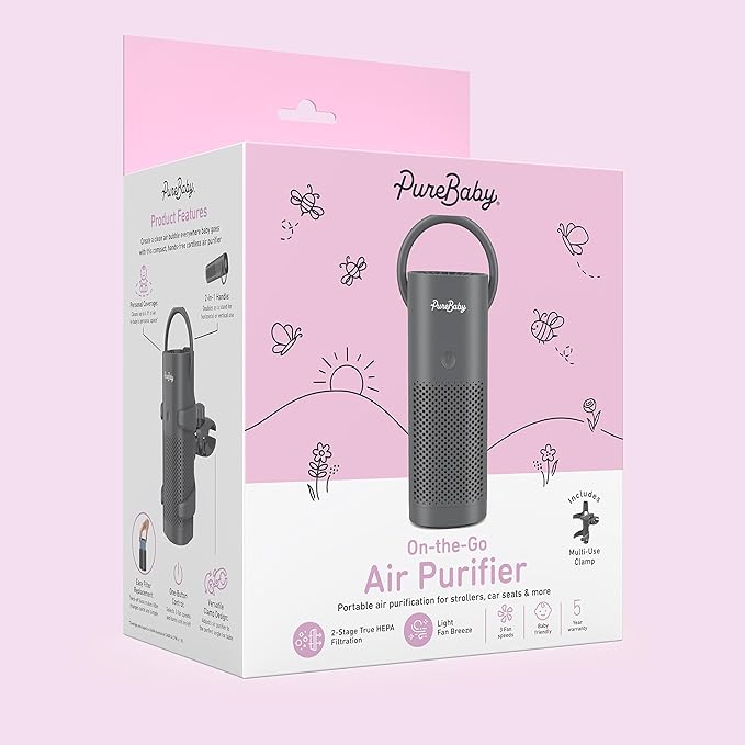 Pure Enrichment PureBaby On-the-Go Air Purifier - Portable Stroller Air Purifier & Adjustable Clamp for Car Seat, Crib, Bassinet & Playpen - True HEPA Filter Removes 99.97% of Allergens Around Baby
