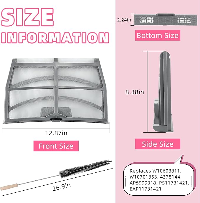 AMI PARTS W10859086 Dryer Lint Screen Filter Replacement Fit for Whirl pool Maytag Dryer Lint Filter with Dryer Lint Brush Replaces 4378144, W10608811, W10701353, AP5999318, PS11731421, EAP11731421