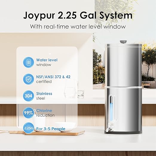 2.25G Gravity Water Filtration System - Water Level Window、8-Stage 0.01μm Ultra-Filtration,18/8 Stainless Steel Countertop System - Reduce Up to 99.9% Chlorine, for Home, RVing, Camping