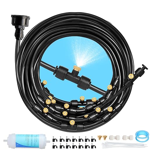 65FT Mister for Outside Patio Misting Cooling System, 65FT (20M) Misting Line+20 Brass Mist Nozzles+Water Filter, Outdoor Mister System for Garden Greenhouse Trampoline Waterparke