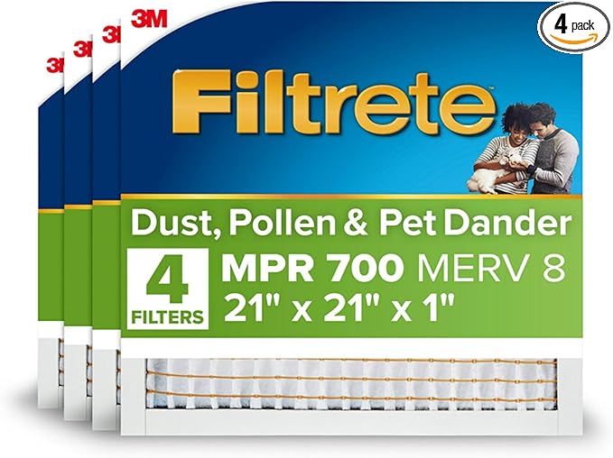 Filtrete 21x21x1 AC Furnace Air Filter, MPR 700, MERV 8, Tough on Pollen, Easy on Airflow, 3-Month Pleated 1-Inch Electrostatic Air Cleaning Filter, 4-Pack (Actual Size 20.81 x 20.81 x 0.81 in)