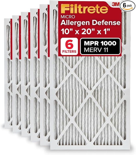 Filtrete 10x20x1 AC Furnace Air Filter, MERV 11, MPR 1000, Micro Allergen Defense, 3-Month Pleated 1-Inch Electrostatic Air Cleaning Filter, 6 Pack (Actual Size 9.81x19.81x0.81 in)