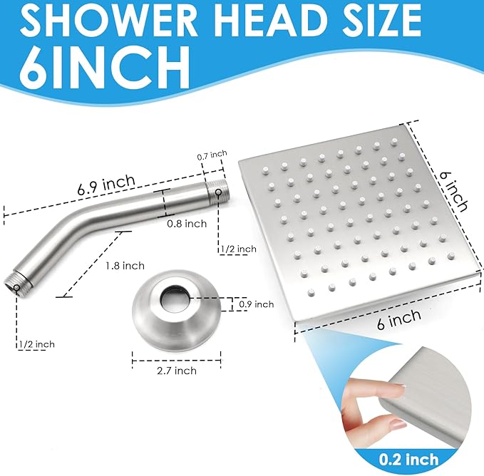 6 Inch Square Shower Head Stainless Steel High Pressure Rain Shower Heads with Extension Arm Adjustable Angle Replacement Shower Head for Modern Bathroom (Square, Brushed Nickel)