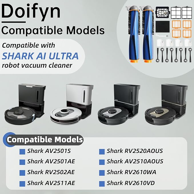 Replacement Parts Compatible with Shark AI AV2501S AV2511AE AV2501AE RV2502AE RV2610WA AV2510AOUS RV2520AOUS Robot Vacuum Cleaner, 2Main Brush, 4 motor pre-filters, 4Foam Filters, 8Side Brushes