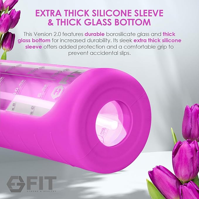 FIT Strong & Healthy 32 oz Glass Water Bottle with Straw Lid, Time Marker, Sleeve & Extra Lid - Motivational, Wide Mouth 1 Liter Glass Drinking Bottle