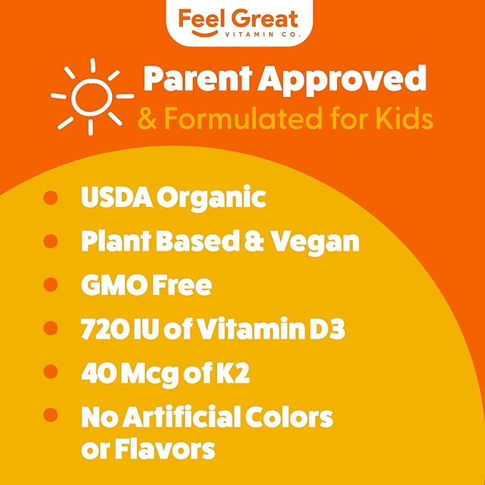 Feel Great USDA Organic Liquid Vitamin D Drops for Infants & Toddlers (2 oz) w/ K2 for Absorption | Vitamin D for Kids Supports Immune Support & Bone Health | Sugar Free, Vegan, Non-GMO & Gluten Free
