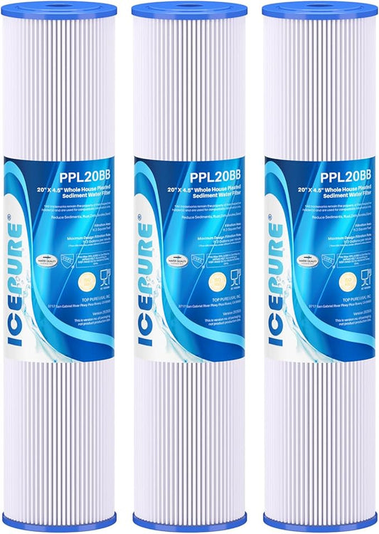 ICEPURE 20" x 4.5" Whole House Water Filter, 5 Micron Pleated Sediment Water Filters Replacement Cartridge for Well Water, Compatible with ECP5-BB, AP810-2, SPC-45-1005, CP5-BB, ECP1-20BB, 3 PACK