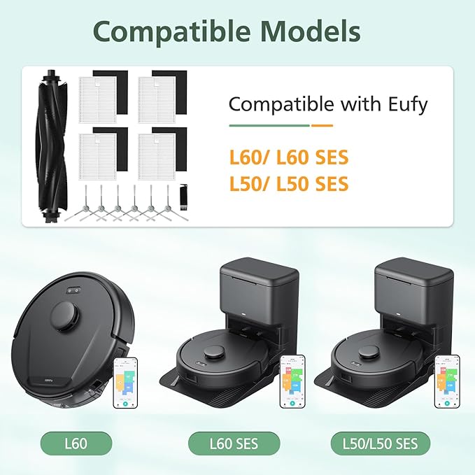12 Pack Replacement Accessories kit Compatible with eufy L60/ L60 SES/ L50/ L50 SES Robot Vacuum Replacement Parts (1 Pack Roller Brush+4 Pack Filter & Sponge+6 Pack Side Brush+1 Cleaning Kit)