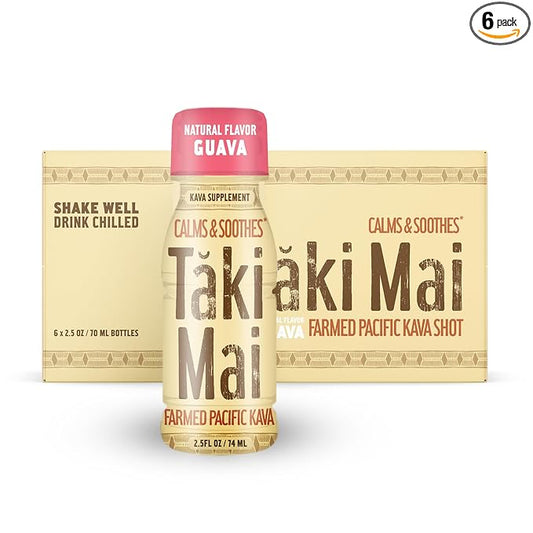 Taki Mai Guava Kava Kava 2.5 oz (6-pack) Shots – Noble Kava Root Drink, Ready to Drink for Stress Support & Relaxation, Fast Acting Herbal Support for Calming Better Sleep and Balanced Mood