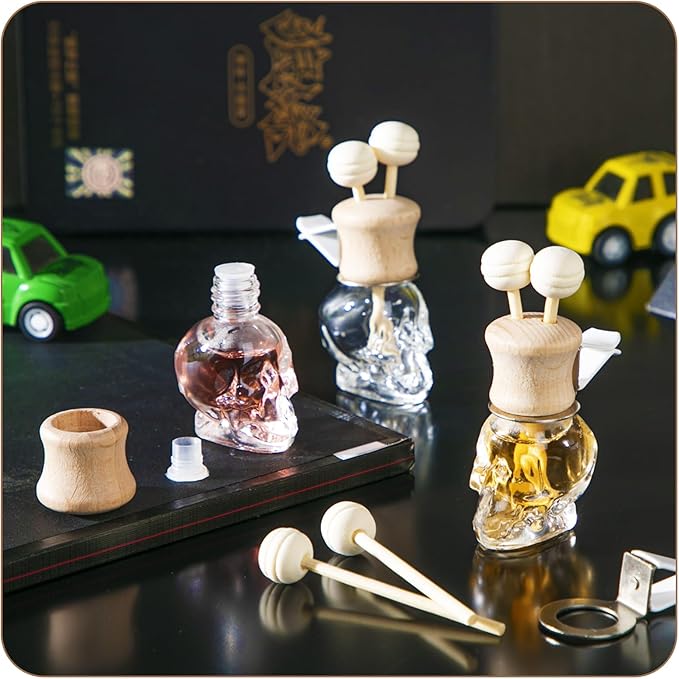 Zubebe 30 Pack Car Air Freshener Diffuser with Vent Clip Empty Car Diffuser Bottles for Essential Oil Perfume Glass Bottle with Wooden Caps Stick(Skull)