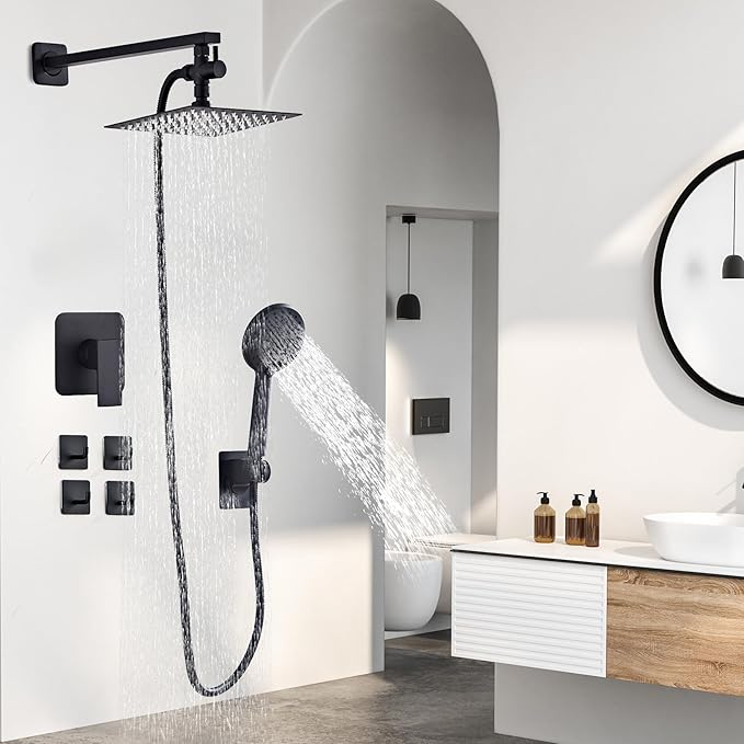 Shower Head Combo Matte Black, 8 Inch Rain Shower Head with Handheld 5 Spray Modes High Pressure Rainfall Shower Heads System, 15 Inch Shower Adjustable Extension Arm