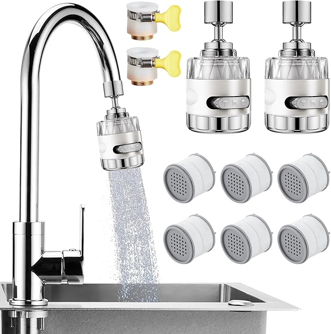 2 Pack Sink Water Filter Faucet, Universal 360 ° Rotating Faucet Filter for Kitchen Sink, 3 Modes Bathroom Faucet Filter Removes Chlorine Fluoride Heavy Metals Hard Water for Home Kitchen & Bathroom