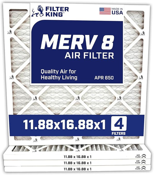 Filter King 11.88x16.88x1 Air Filter | 4-PACK | MERV 8 HVAC Pleated A/C Furnace Filters | MADE IN USA | Actual Size: 11.88 x 16.88 x .75"