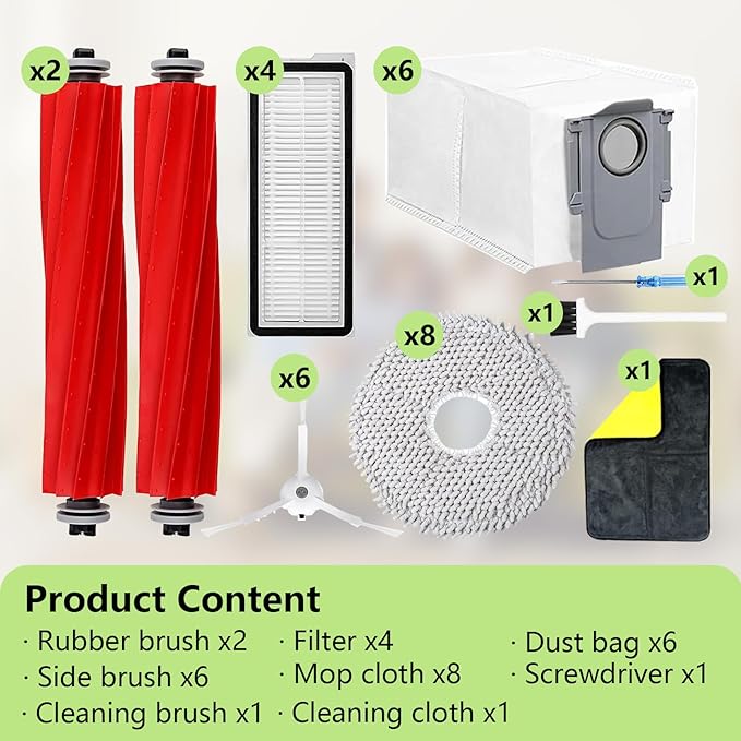 Yivy Vacuum Cleaner Replacement parts Compatible with Roborock Qrevo pro/Qrevo MaxV/Qrevo S/Qrevo plus,2 Main Brush Roller,6 White Side Brush,4 Hepa Filters,8 Mop Pads,6 Dust Bags (White-29)