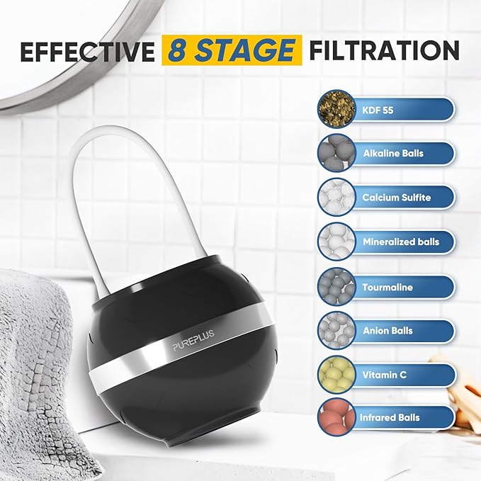 PUREPLUS Bathtub Bath Water Filter for Tub, 8 Stages Kinder Filter for Bathtub, 2500 Gallons Filtration, Removes Contaminants for Softer Skin and Hair, Reduces Chlorine & Heavy Metals, BPA Free, Black