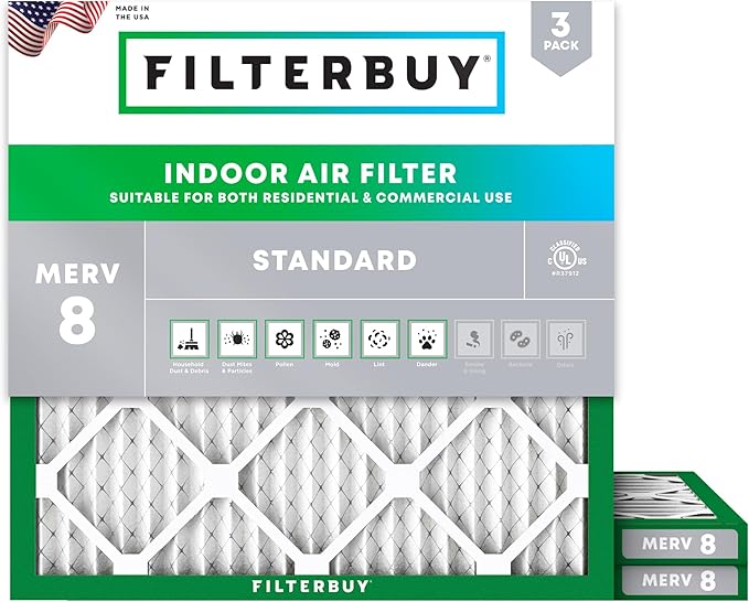 Filterbuy 22x22x1 Air Filter MERV 8 Dust Defense (3-Pack), Pleated HVAC AC Furnace Air Filters Replacement (Actual Size: 21.50 x 21.50 x 0.75 Inches)