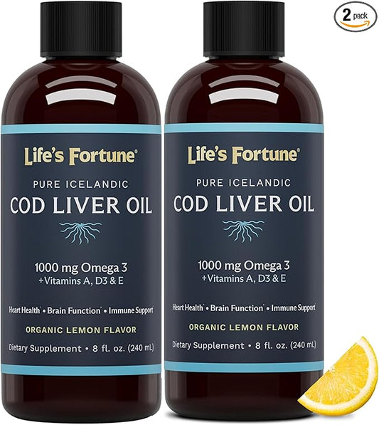 Life's Fortune Cod Liver Oil Liquid Lemon Flavor Organic Supplement with DHA, EPA 1000 mg High Potency Omega-3s + Vitamin A, E & D3 - Supports Immune, Joints, Eyes, 8 Fl Oz (Pack of 2)