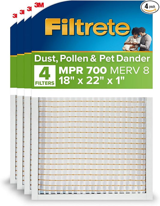 Filtrete 18x22x1 AC Furnace Air Filter, MPR 700, MERV 8, Tough on Pollen, Easy on Airflow, 3-Month Pleated 1-Inch Electrostatic Air Cleaning Filter, 4-Pack (Actual Size 17.69 x 21.69 x 0.81 in)