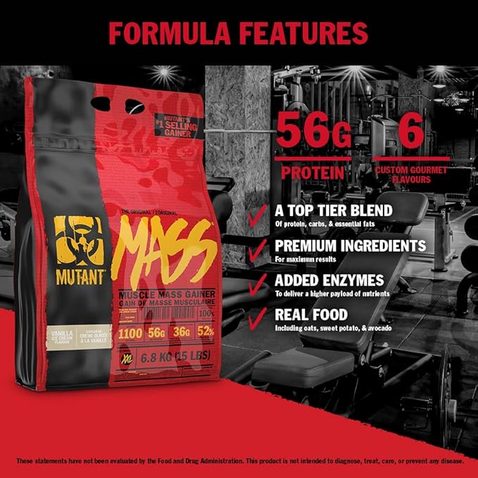 Mutant Mass Weight Gainer Protein Powder – Build Muscle Size and Strength with 1100 Calories – 56 g Protein – 26.1 g EAAs – 12.2 g of BCAAs – 15 lbs with 24 Servings – Cookies & Cream