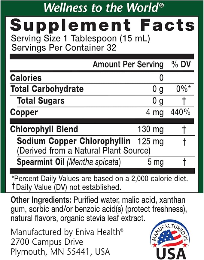 Eniva Health Liquid Chlorophyll Vegan | Immunity | Detox & Cleanse | Clear Skin | Energy Boost | Gut Health | Internal Deodorant | USA Manufacture | Mulberry Source | Mint |16 Fl Oz Bottle