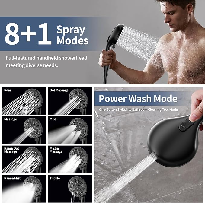 KAIYING Dual Shower Heads with Handheld Spray Combo, High Pressure Modern Rain Shower Head with 9-Mode Handheld Showerhead, Double Rainfall Shower Head with 79-Inch Stainless Steel Hose (Matte Black)