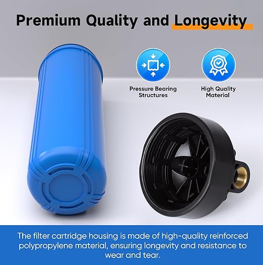 PUREPLUS 20-Inch 3-Stage Whole House Water Filter, Home Filtration System | Pleated Pre-Filter, Activated Carbon & Iron-Manganese Reducing | Built-in Pressure Gauges, with Steel Stand Frame