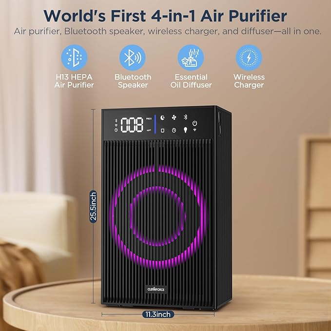 CleanForce Cube | World’s First 4-in-1 Smart Home Devices with HEPA Air Purifier, Bluetooth Speaker, Wireless Charger & Aroma Diffuser, over 900ft² Coverage | Ultra Quiet | Space saving | Swiss Tech