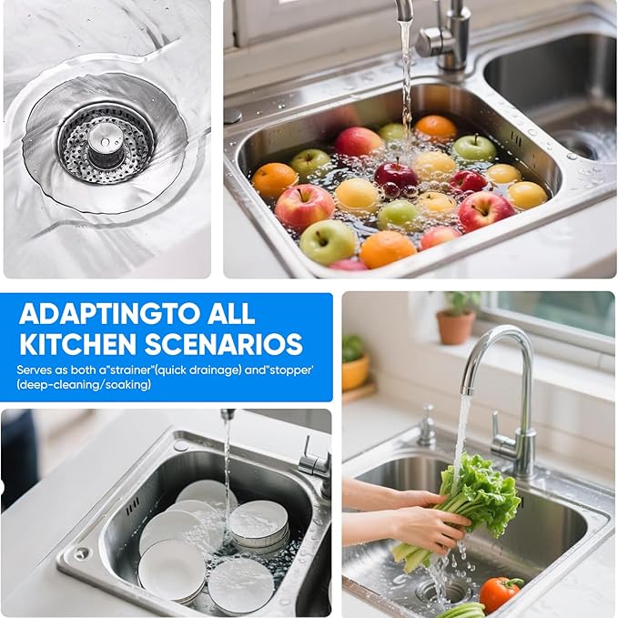2025 Upgraded 3-in-1 Kitchen Sink Drain Strainer Stopper |Rust-Proof Strainer Basket |Universal Fit for Standard 3.5" Drains |Anti-Clog&Odor Filter |Efficient Drainage (Stainless Steel, 4 PCS)