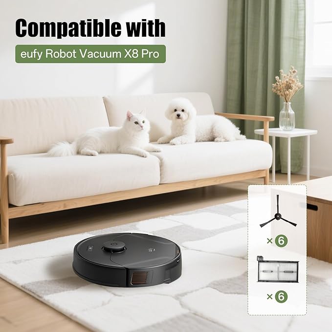 6-Pack Replacement Filters & 6 Side Brushes for eufy X8 Pro Robot Vacuum - Premium HEPA Filter & Tangle-Free Brush Set - Exact Fit for X8 Pro Series