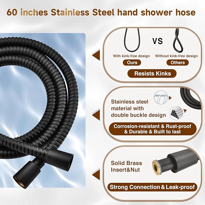 BRIGHT SHOWERS High Pressure Dual Shower Head Combo with Rainfall & Handheld, 4 Spray Settings, Tool-Free Installation, 60" Stainless Steel Hose, Matte Black