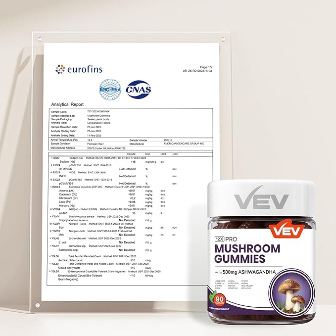 VEV Mushroom Gummies for Adults - 12x Mushroom Supplement with Lions Mane, Reishi, Cordyceps, and Turkey Tail - Ashwagandha - 90 Vegan Gummies