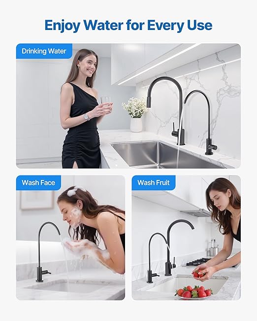 VEVOR Water Filter Faucet, RO Faucet with Lead-Free Brass Valve, 304 Stainless Steel, 0.8GPM Drinking Water Faucet Fits Most Reverse Osmosis & Filtration System, Kitchen Filtered Water Tap, Black