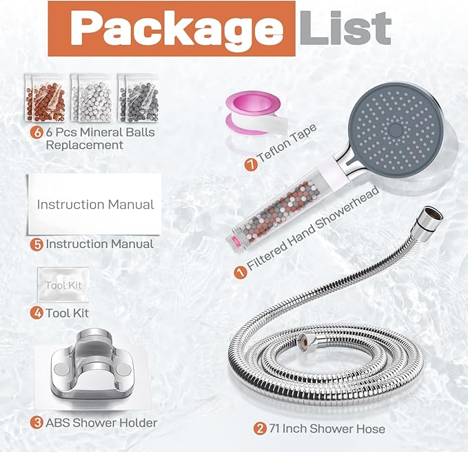 YDmeet Filtered Handheld Showerhead with Shower Holder Set, 3-Mode Spray Setting, Long Metal Hose, Extra 6 Packs Replacement Mineral Balls for Refills, Chrome