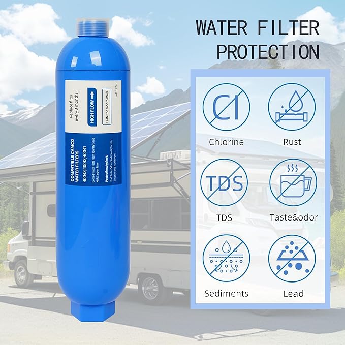 2 Pack RV Inline Water Filter with 2 Flexible Hose Protector, Reduce Bad Taste, Odors, Rust, Chlorine, Fluoride and Sediment in Drinking Water, Dedicated for RVs Campers Marines