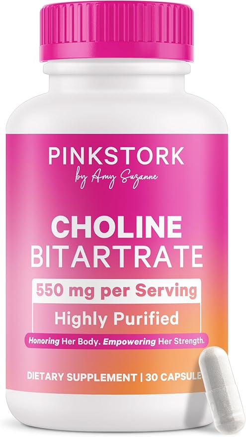 Pink Stork Choline - 550 mg Choline Bitartrate from VitaCholine for Pregnant + Postpartum Moms - Prenatal Vitamin for Fetal Cognitive Health + Breast Milk Quality - 1 Capsule Daily, 30 Count