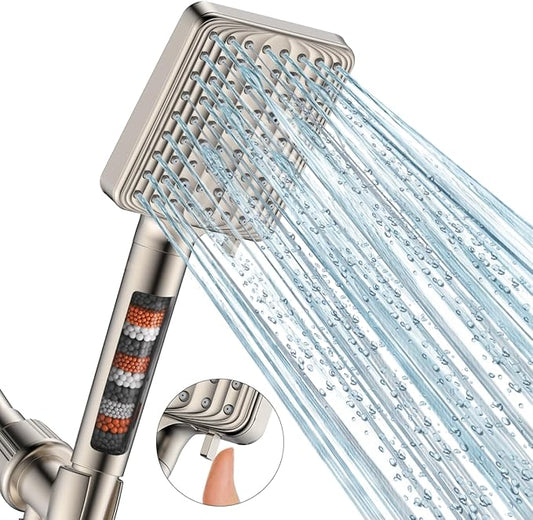 Filtered Shower Head - 6 Modes High Pressure Handheld Shower Head with Filter Mineral Beads, Detachable Handheld Showerhead Set with Stainless Steel Hose and Shower Arm Bracket (Brushed Nickel)