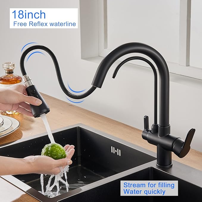 3 in 1 Kitchen Faucet with Drinking Water Faucet, 18 inch Pull Down Spray Kitchen Sink Faucet Filter Faucet (Matte Black)