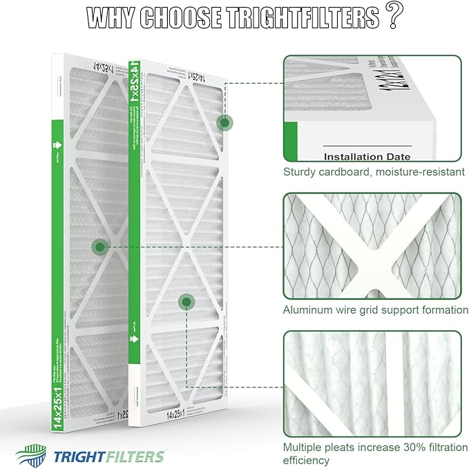 14x25x1 Air Filter 4 Pack, MERV 8 Pleated Dust Defense Air Filters Replacement Air Conditioner HVAC AC Furnace Filter, Durable and Lightweight