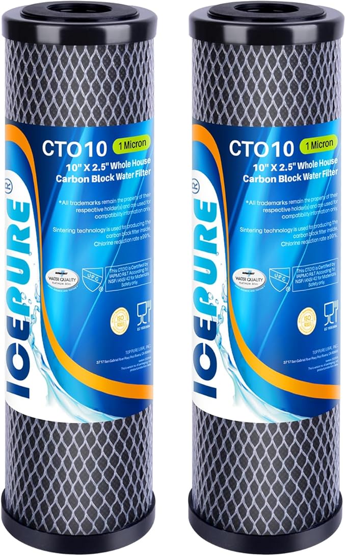 ICEPURE 1 Micron 2.5" x 10" Whole House CTO Carbon Sediment Water Filter Cartridge Compatible with DuPont WFPFC8002, WFPFC9001, SCWH-5, WHCF-WHWC, WHCF-WHWC, FXWTC, CBC-10, RO Unit, Pack of 2