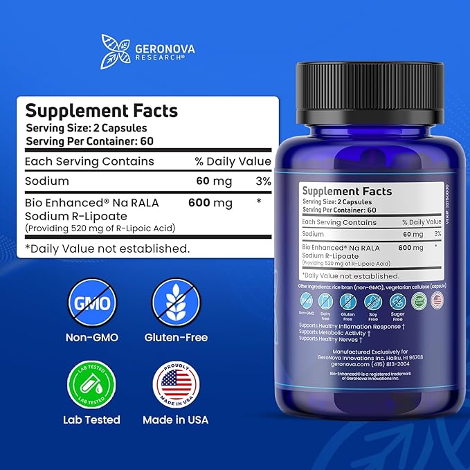 Bio-Enhanced R-Lipoic Acid, 600 mg Capsules - 2 Month Supply - Stabilized R Alpha Lipoic Acid with Enhanced Absorption - R Lipoic Acid Supplement - 120 Count