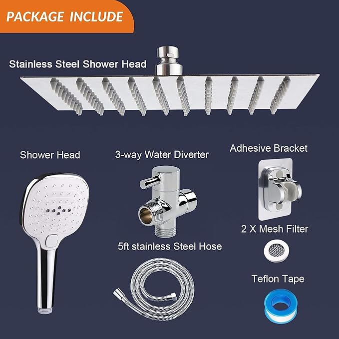 NearMoon Shower Head with Hose, High Pressure Stainless Steel Rain Shower and 3 Settings Handheld Spray Combo with Push Button Flow Control (8 Inch Showerhead Set, Chrome Finish)